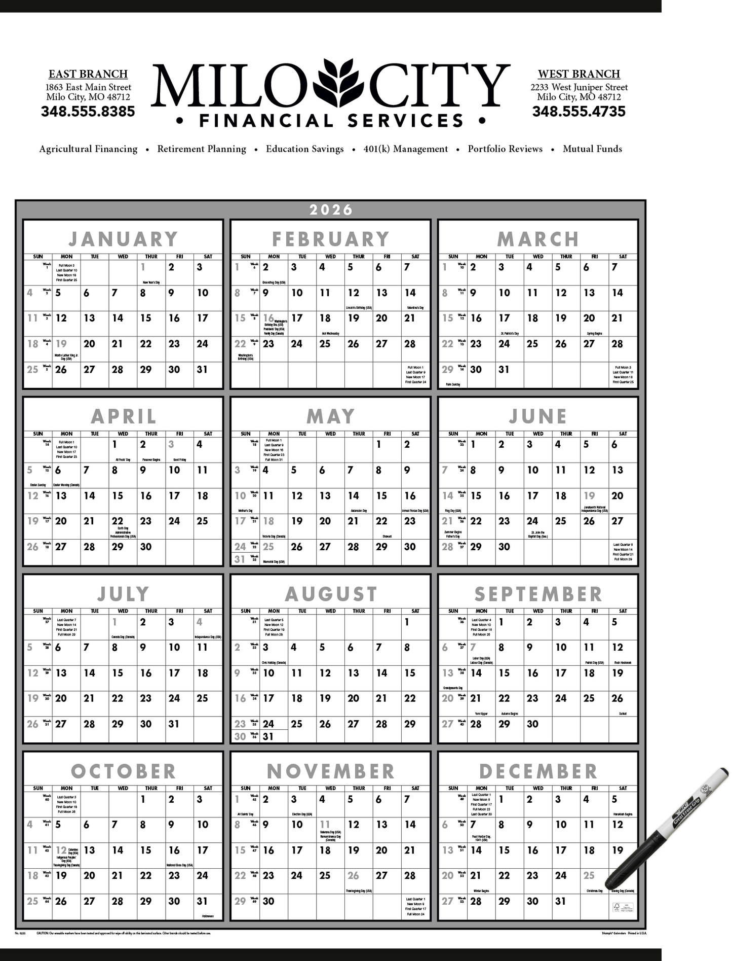 Triumph Calendars Black White SpanAYear Laminated wMarker Calendar-6220