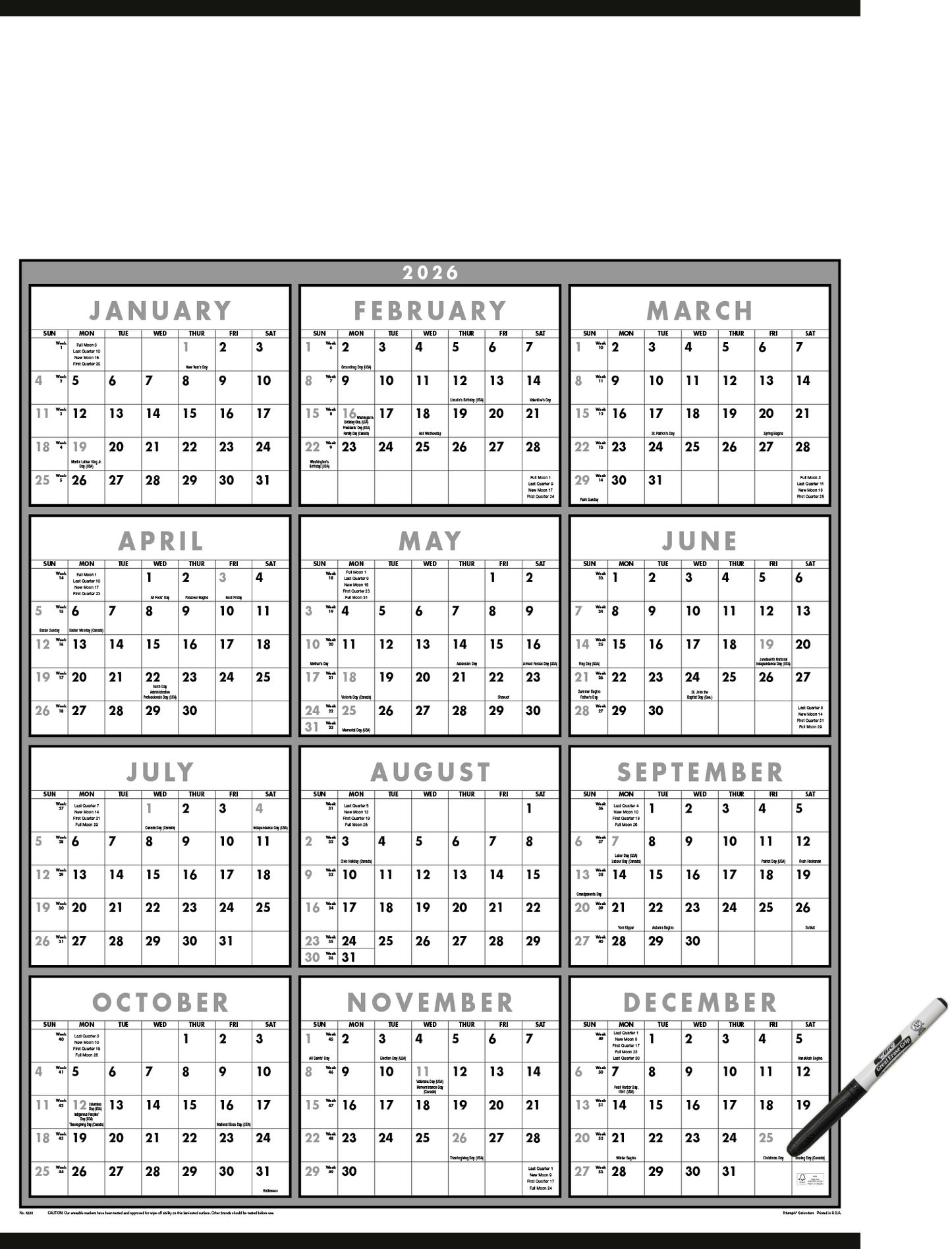 Triumph Calendars Black White SpanAYear Laminated wMarker Calendar-6220