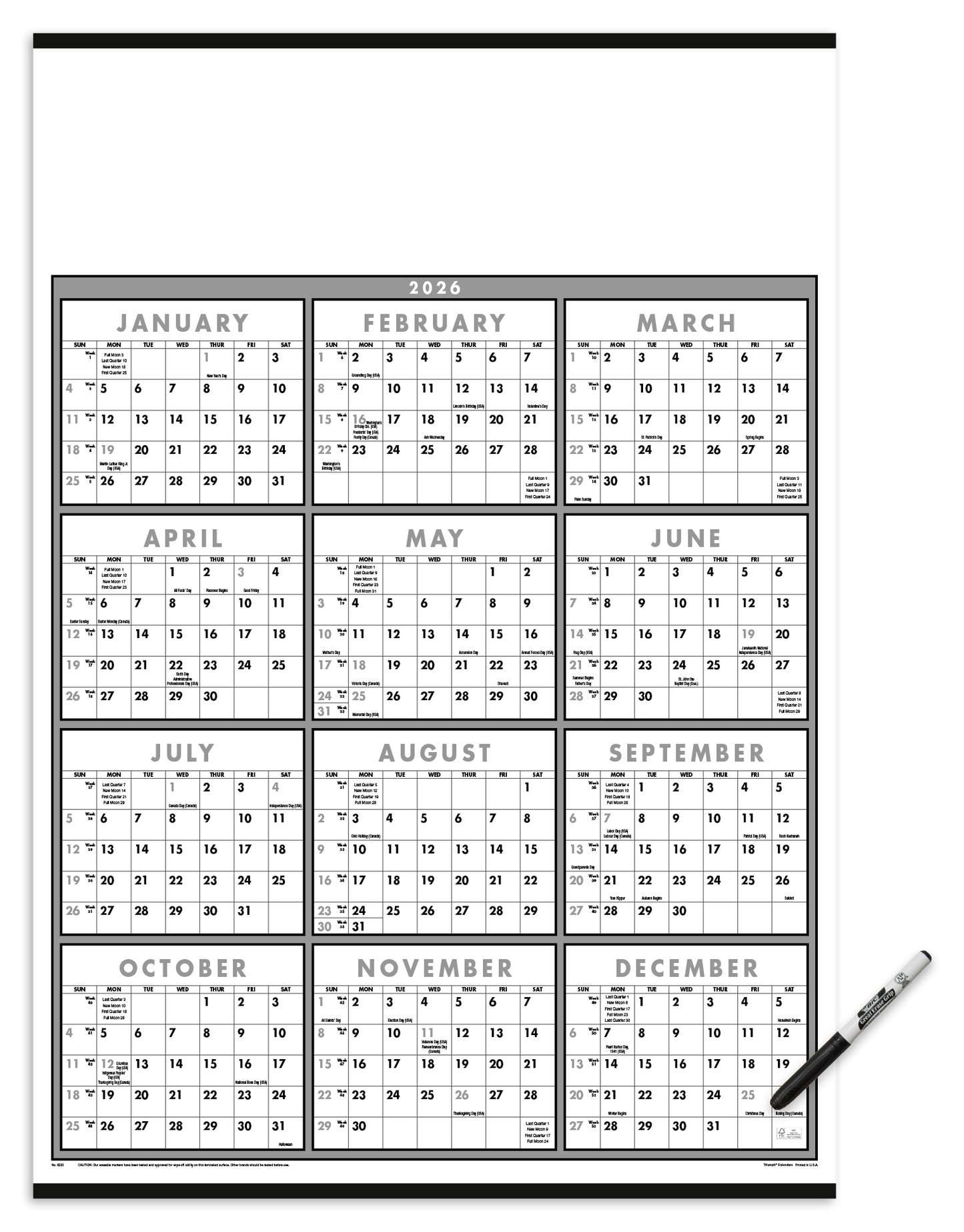 Triumph Calendars Black White SpanAYear Laminated wMarker Calendar-6220