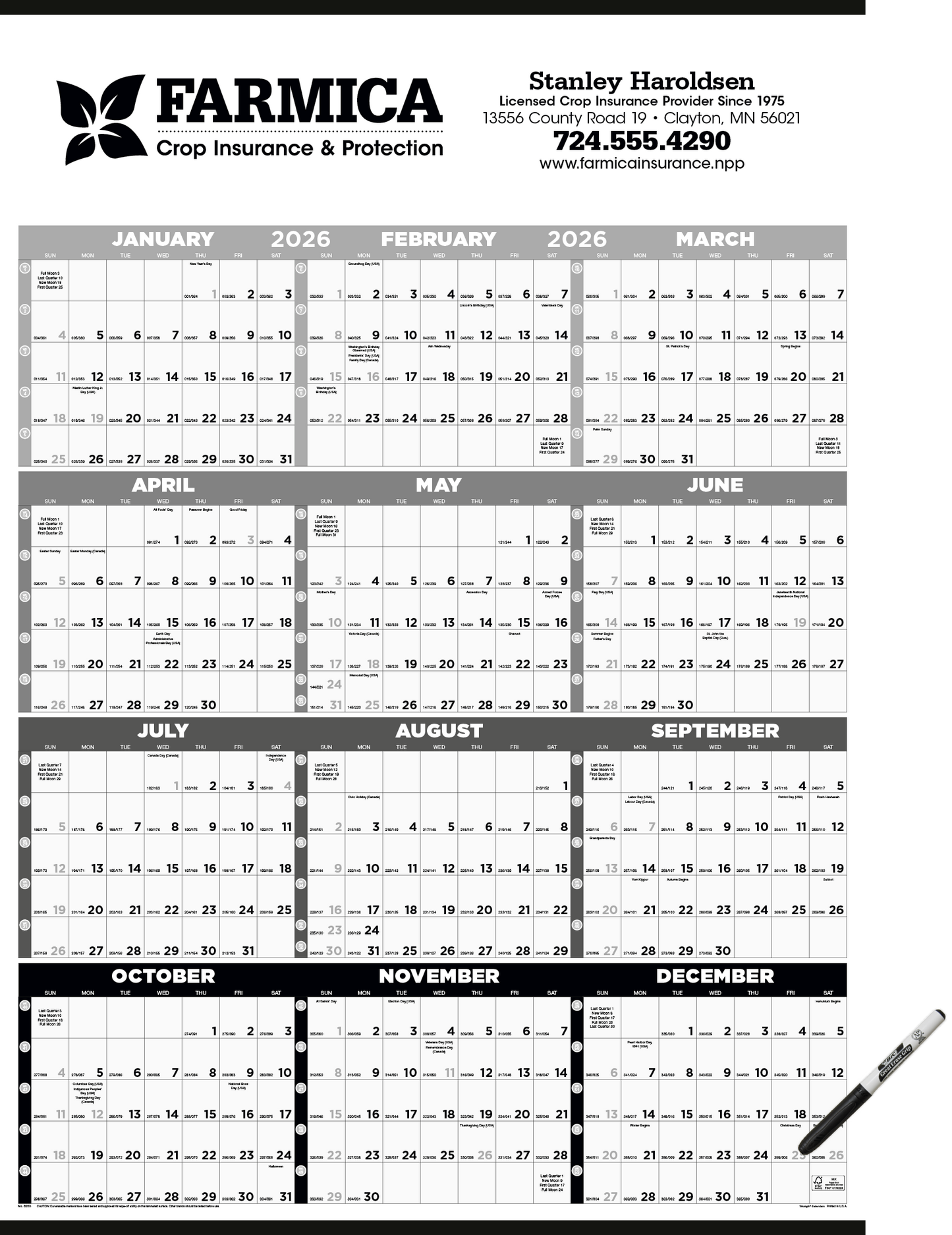 Triumph Calendars Black White Time Management SpanAYear Laminated wMarker Calendar-6253