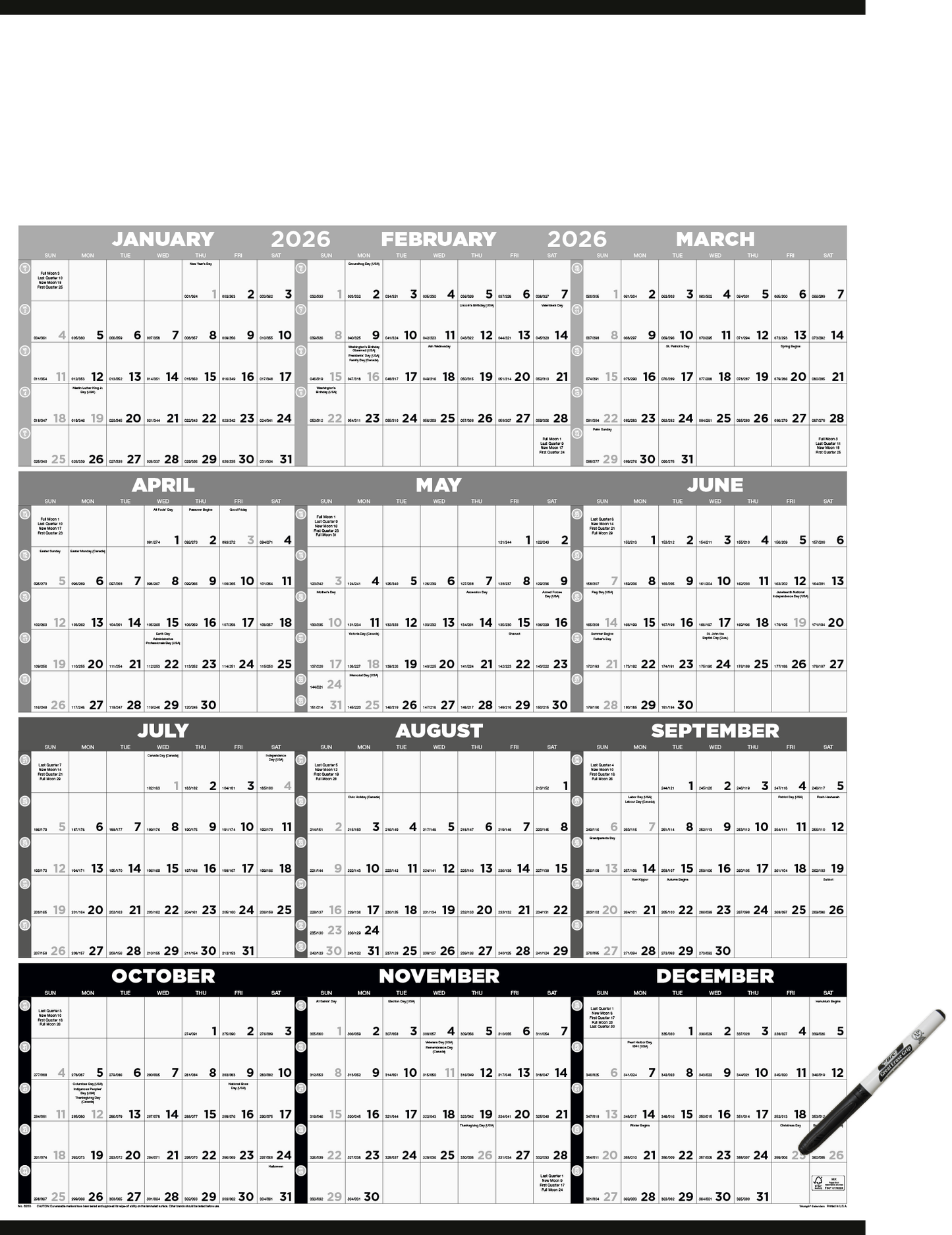 Triumph Calendars Black White Time Management SpanAYear Laminated wMarker Calendar-6253