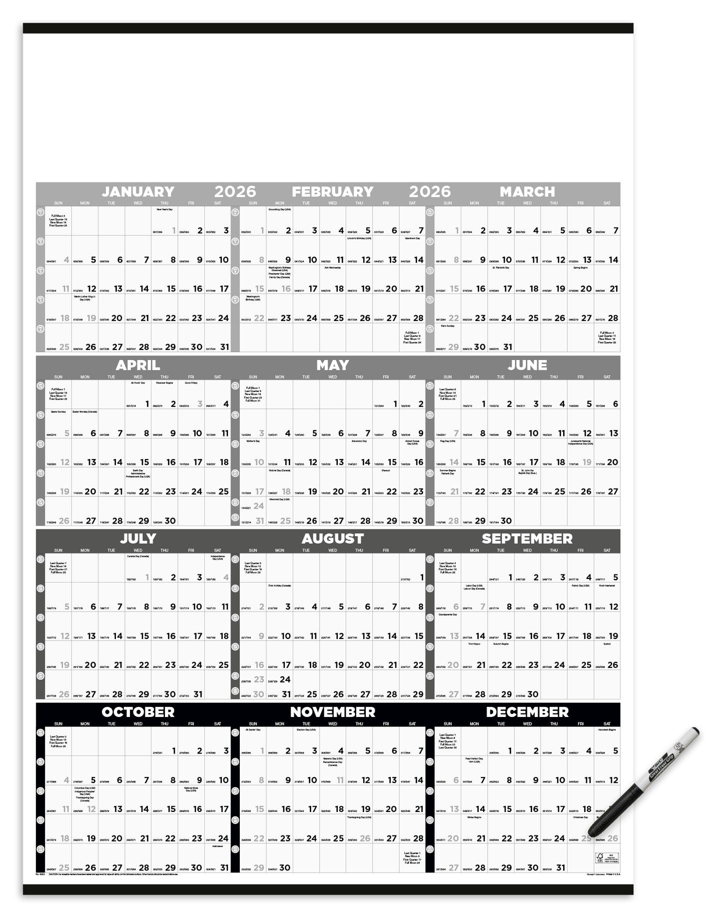 Triumph Calendars Black White Time Management SpanAYear Laminated wMarker Calendar-6253