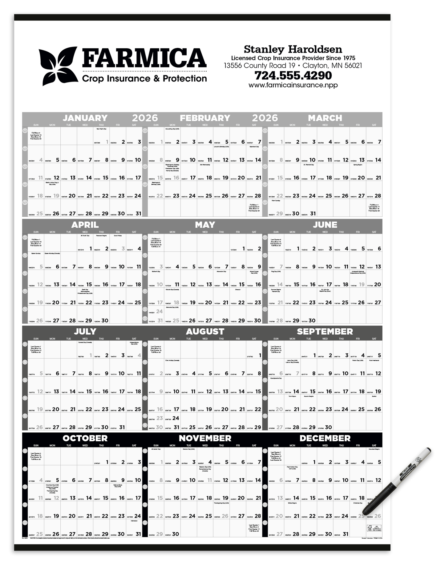 Triumph Calendars Black White Time Management SpanAYear Laminated wMarker Calendar-6253