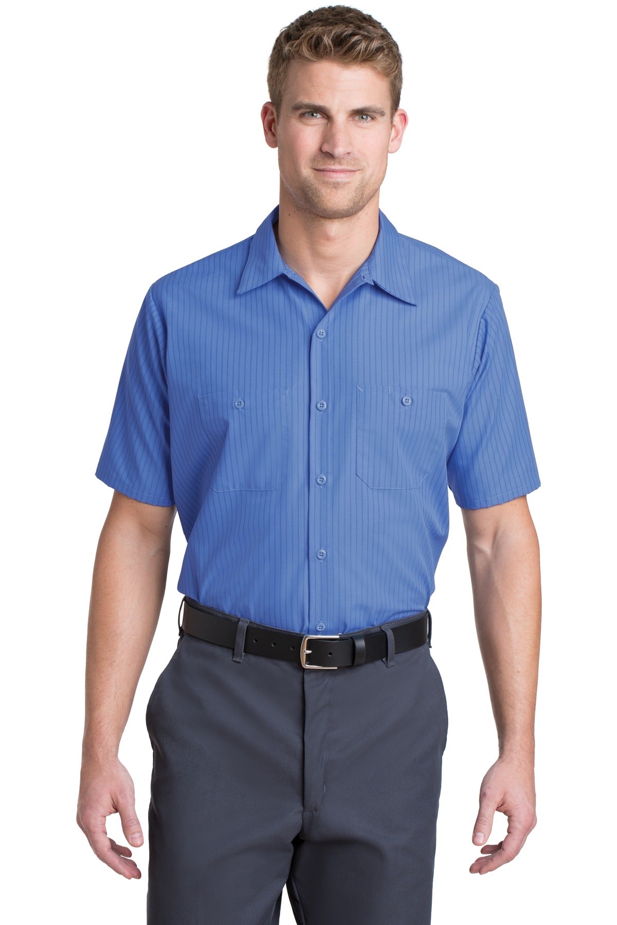 Red Kap? Short Sleeve Striped Industrial Work Shirt. C