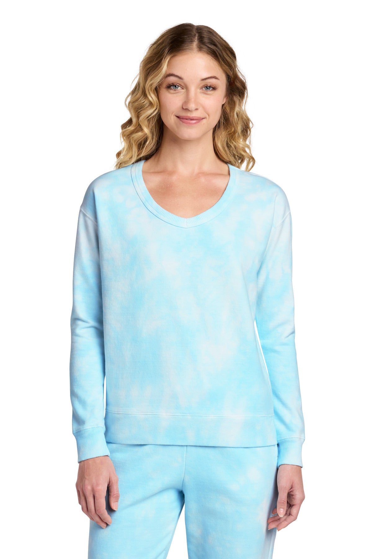 Port & Co™ Women's Beach Wash® Cloud Tie-Dye V-Neck Sweatshirt
