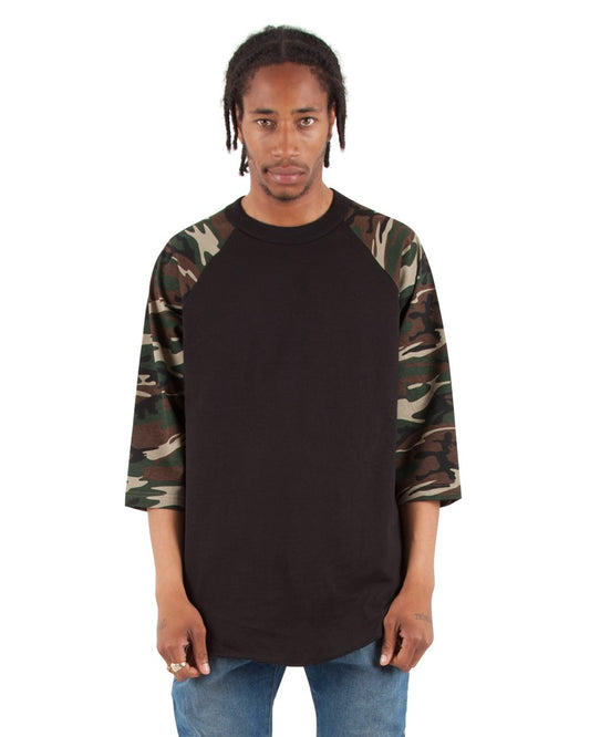 Shaka Wear Three-Quarter Sleeve Camo Raglan T-Shirt - SHRAGCM