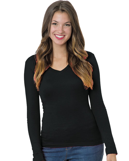 Bayside Women's USA-Made Deep V-Neck Long Sleeve T-Shirt - 3415