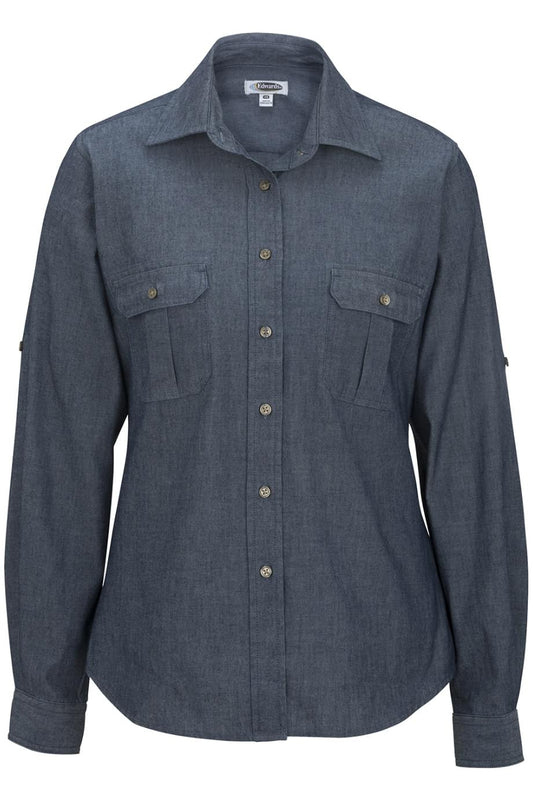 Ladies Chambray Roll Up Sleeve Shirt - 5298