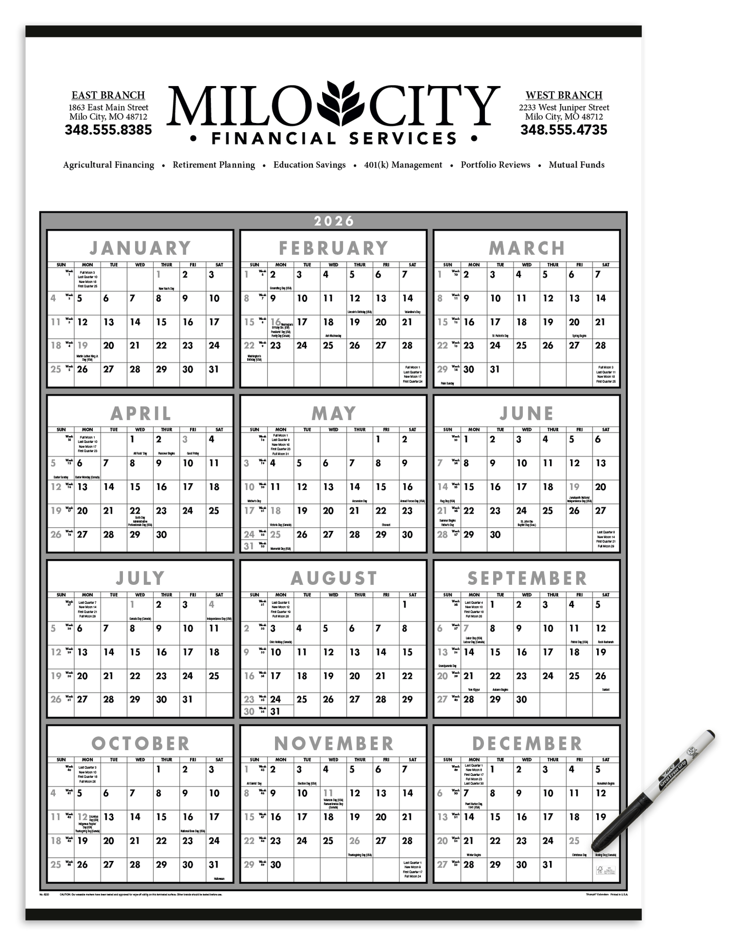 Triumph Calendars Black  White SpanAYear Laminated wMarker Calendar-6220